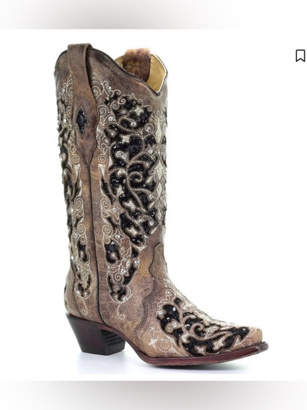 CORRAL Floral Embroidered Leather Cowboy Boots with Crystal Accents Size 8-1/2